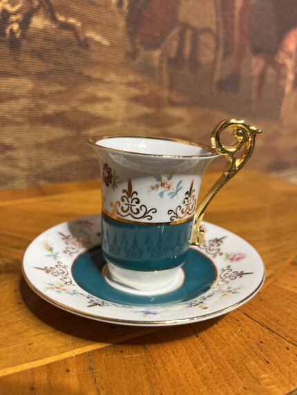 Könitz Germany El Boyama Porselen Kahve Fincanı Takımı – Altın Yaldızlı, Yeşil Detaylı Vintage Set