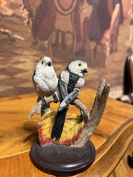 Vintage Schwanzmeise (Uzun Kuyruklu Baştankara) Kuş Çifti Biblosu – El Boyaması (10x8 cm)