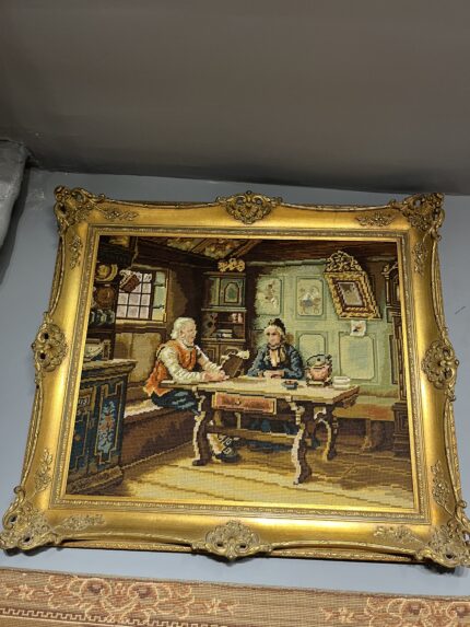 El İşçiliği Büyük Boy Goblen Tablo – Klasik Sahne Temalı Altın Varak Çerçeve (64x74 cm)