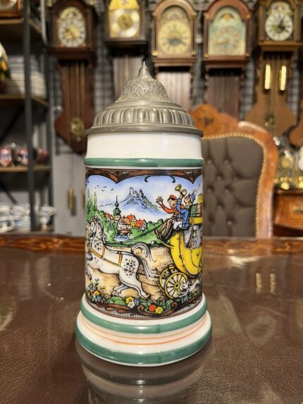 Vintage Kapaklı Seramik Kupa Bardak – Alman Yazılı El Boyama Koleksiyonluk (20x10 cm)